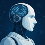 A humanoid AI robot with a glowing digital brain on a dark blue tech background.