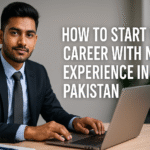 Pakistani student in suit working on laptop with article title overlay